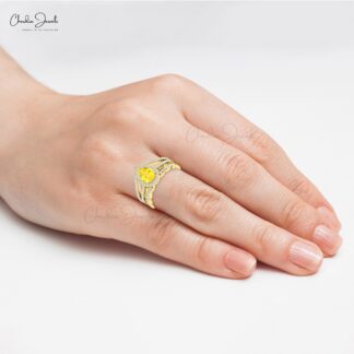 Pear Cut Statement Ring In Real 14k Gold Yellow Sapphire Pave Diamond Split Shank Ring
