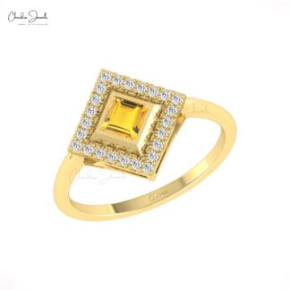 Halo Bezel Set Wedding Ring With 4mm Citrine And Diamond Accents In 14k Pure Gold Rings