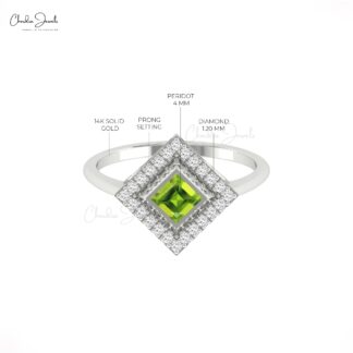 Halo Engagement Rings With 4mm Peridot And Diamond 14k Real Gold August Birthstone Ring