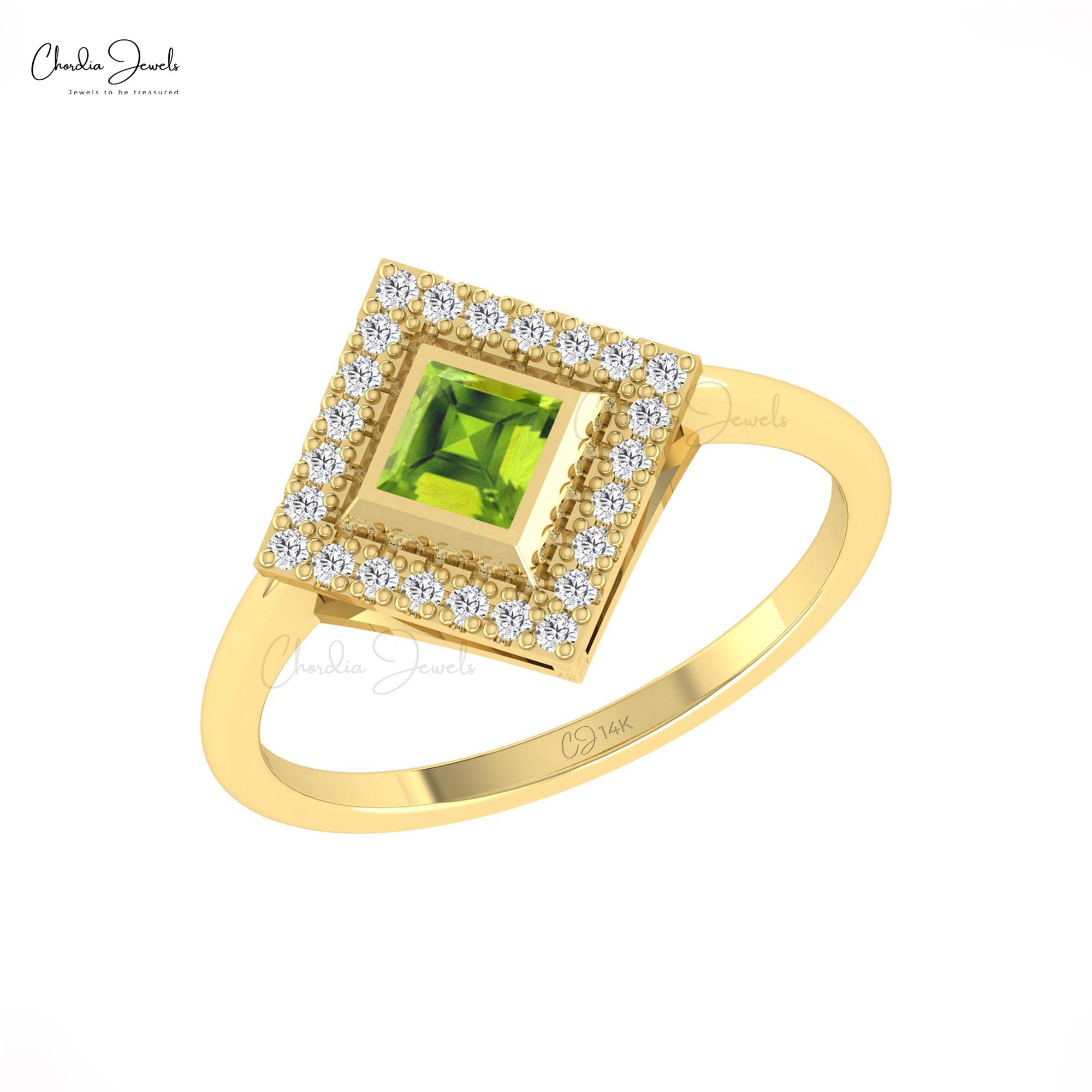 Halo Engagement Rings With 4mm Peridot And Diamond 14k Real Gold August Birthstone Ring