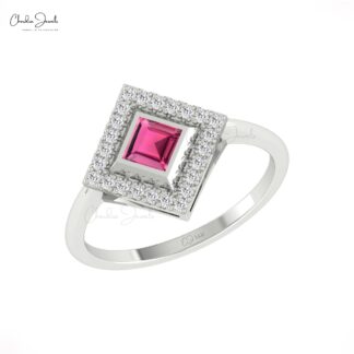 Gemstone Halo Ring In Real 14k Gold Pink Tourmaline And Pave Diamond Proposal Rings