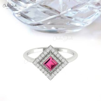 Gemstone Halo Ring In Real 14k Gold Pink Tourmaline And Pave Diamond Proposal Rings