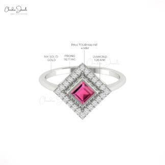 Gemstone Halo Ring In Real 14k Gold Pink Tourmaline And Pave Diamond Proposal Rings