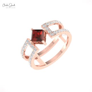 Natural Red Garnet Parallel Split Shank Band In 14k Pure Gold Diamond Stackable Bridal Ring