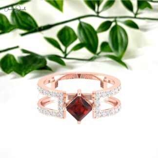 Natural Red Garnet Parallel Split Shank Band In 14k Pure Gold Diamond Stackable Bridal Ring
