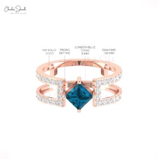 Natural London Blue Topaz Split Shank Ring In 14k Real Gold Diamond Hallmark Fine Jewelry