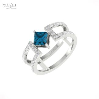 Natural London Blue Topaz Split Shank Ring In 14k Real Gold Diamond Hallmark Fine Jewelry
