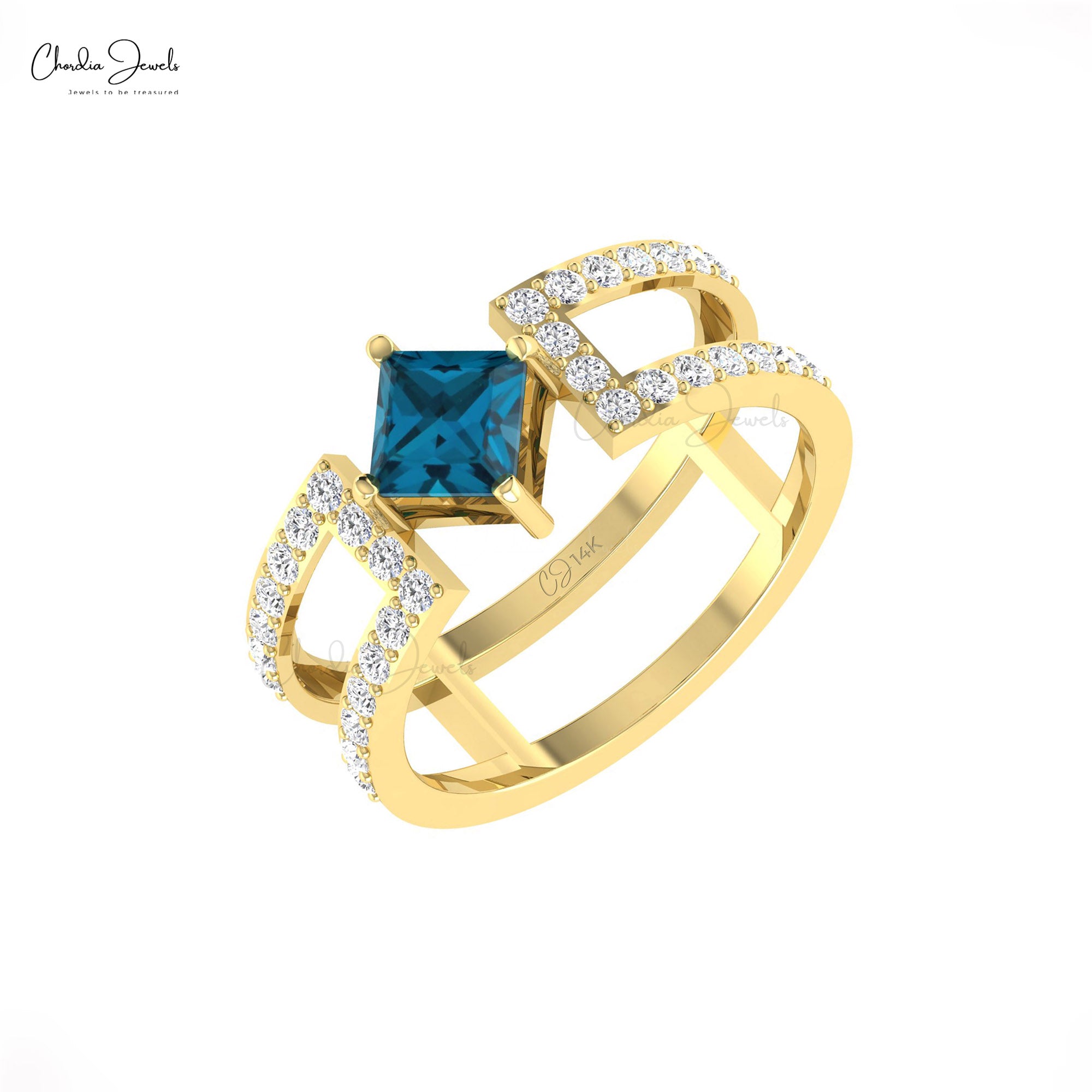 Natural London Blue Topaz Split Shank Ring In 14k Real Gold Diamond Hallmark Fine Jewelry