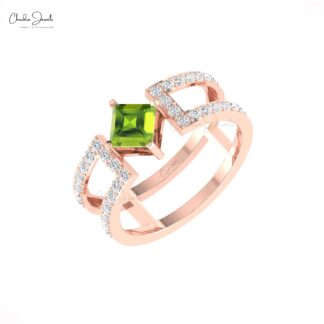 Pure 14k Gold Dual Band With 0.6 Ct Green Peridot And G-H Diamond Split Shank Bridal Ring