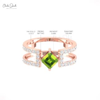 Pure 14k Gold Dual Band With 0.6 Ct Green Peridot And G-H Diamond Split Shank Bridal Ring