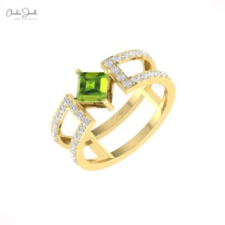 Pure 14k Gold Dual Band With 0.6 Ct Green Peridot And G-H Diamond Split Shank Bridal Ring