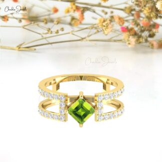 Pure 14k Gold Dual Band With 0.6 Ct Green Peridot And G-H Diamond Split Shank Bridal Ring