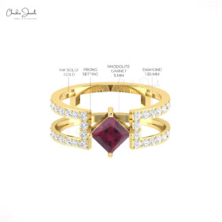 Genuine Rhodolite Garnet Dual Band In 14k Real Gold Gemstone Split Shank Unique Rings