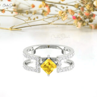 Diamond Split Shank Ring In Real 14k Gold Yellow Sapphire September Birthstone Rings