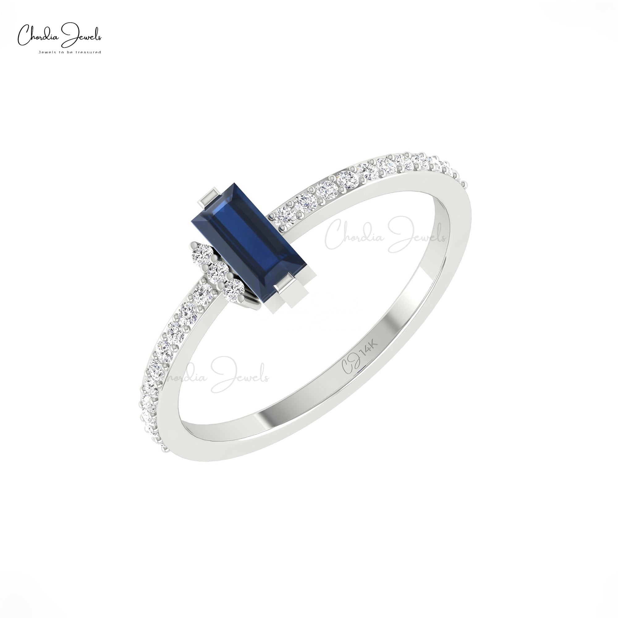 Pure 14k Gold Baguette Ring With 0.47 Ct Blue Sapphire Gemstone Diamond Unique Rings