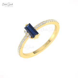 Pure 14k Gold Baguette Ring With 0.47 Ct Blue Sapphire Gemstone Diamond Unique Rings