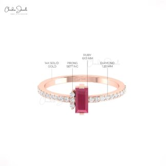 Natural Burma Ruby Dainty Ring With 6x3mm Gemstone And Pave Diamond 14k Real Gold Rings
