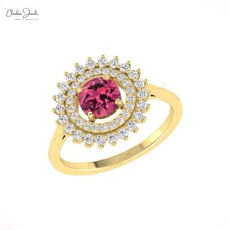 Gemstone Halo Ring In 14k Pure Gold Pink Tourmaline 0.7 Ct Round And Diamond Floral Rings
