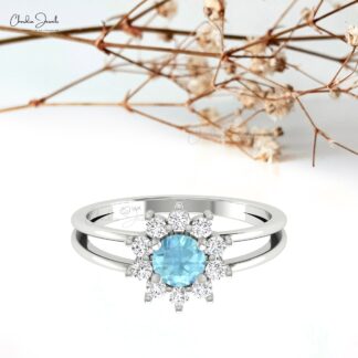 Halo Diamond Twin Shank Ring In 14k Solid Gold Aquamarine 5mm Gemstone Floral Bridal Ring