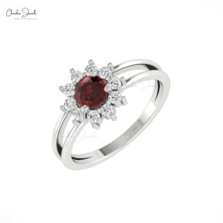Natural Red Garnet Halo Ring In Pure 14k Gold Diamond Split Shank Promise Rings For Her