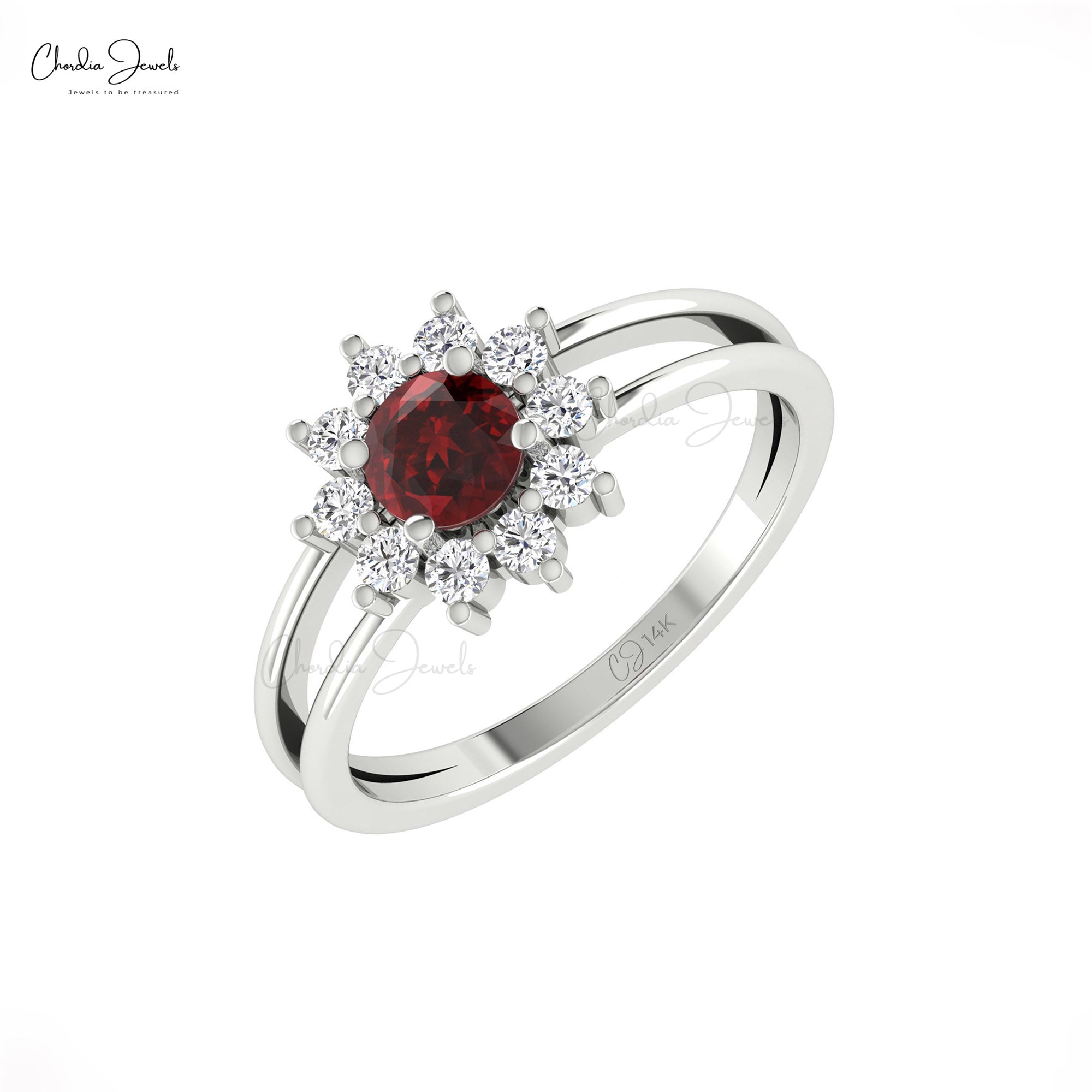 Natural Red Garnet Halo Ring In Pure 14k Gold Diamond Split Shank Promise Rings For Her