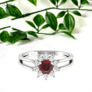 Natural Red Garnet Halo Ring In Pure 14k Gold Diamond Split Shank Promise Rings For Her