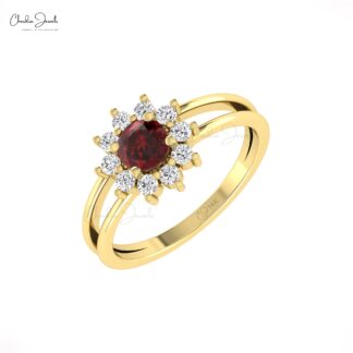 Natural Red Garnet Halo Ring In Pure 14k Gold Diamond Split Shank Promise Rings For Her