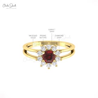Natural Red Garnet Halo Ring In Pure 14k Gold Diamond Split Shank Promise Rings For Her
