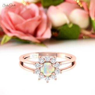 Genuine Fire Opal Split Shank Ring With 0.42 Ct Gemstone Halo Diamond Rings In 14k Gold