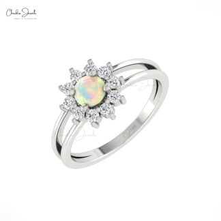 Genuine Fire Opal Split Shank Ring With 0.42 Ct Gemstone Halo Diamond Rings In 14k Gold