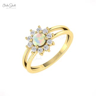 Genuine Fire Opal Split Shank Ring With 0.42 Ct Gemstone Halo Diamond Rings In 14k Gold