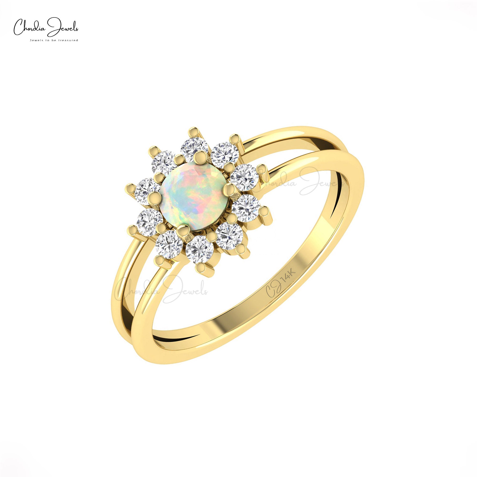 Genuine Fire Opal Split Shank Ring With 0.42 Ct Gemstone Halo Diamond Rings In 14k Gold