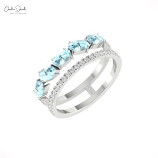Oval Aquamarine Stack Band With G-H Diamond Pave Set In 14k Real Gold Split Shank Ring