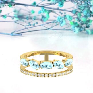 Oval Aquamarine Stack Band With G-H Diamond Pave Set In 14k Real Gold Split Shank Ring