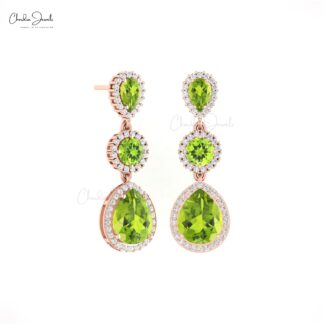Halo Danglers Wedding Earring In 14k Solid Gold Peridot August Birthstone Diamond Earrings