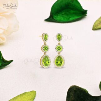 Halo Danglers Wedding Earring In 14k Solid Gold Peridot August Birthstone Diamond Earrings