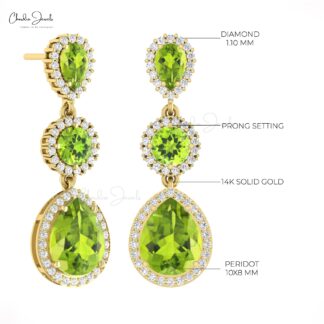 Halo Danglers Wedding Earring In 14k Solid Gold Peridot August Birthstone Diamond Earrings