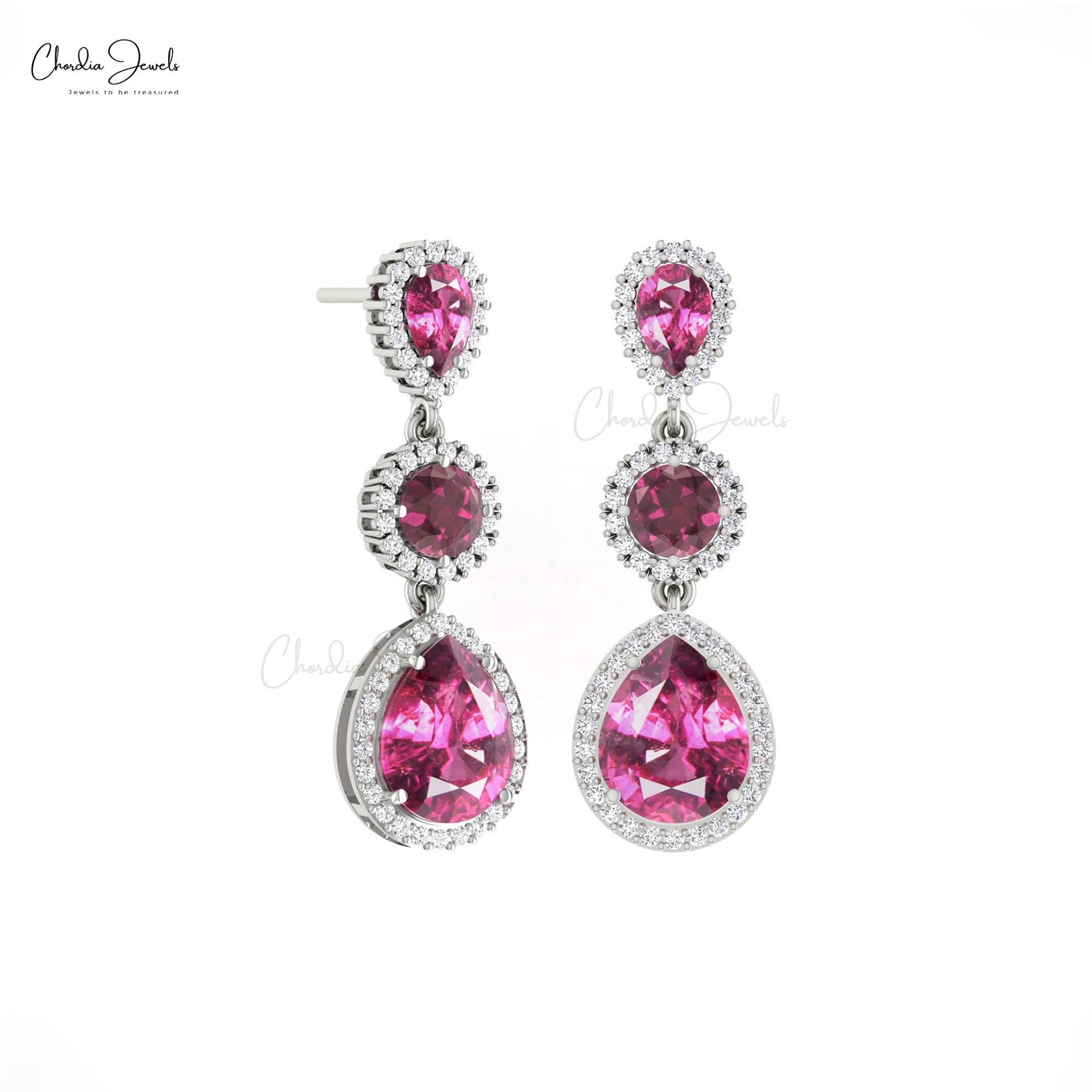 Multi Halo Dangle Earring In Pure 14k Gold Rhodolite Garnet And Diamond Bridal Earrings
