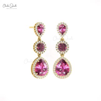 Multi Halo Dangle Earring In Pure 14k Gold Rhodolite Garnet And Diamond Bridal Earrings