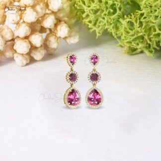 Multi Halo Dangle Earring In Pure 14k Gold Rhodolite Garnet And Diamond Bridal Earrings