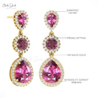Multi Halo Dangle Earring In Pure 14k Gold Rhodolite Garnet And Diamond Bridal Earrings