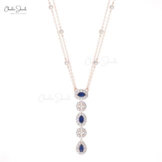 Lariat Dangle Chain Necklace With 0.63 Ct Blue Sapphire Halo Diamond Necklace In 14k Gold