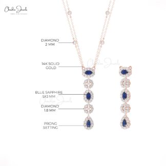 Lariat Dangle Chain Necklace With 0.63 Ct Blue Sapphire Halo Diamond Necklace In 14k Gold