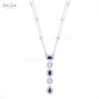 Lariat Dangle Chain Necklace With 0.63 Ct Blue Sapphire Halo Diamond Necklace In 14k Gold