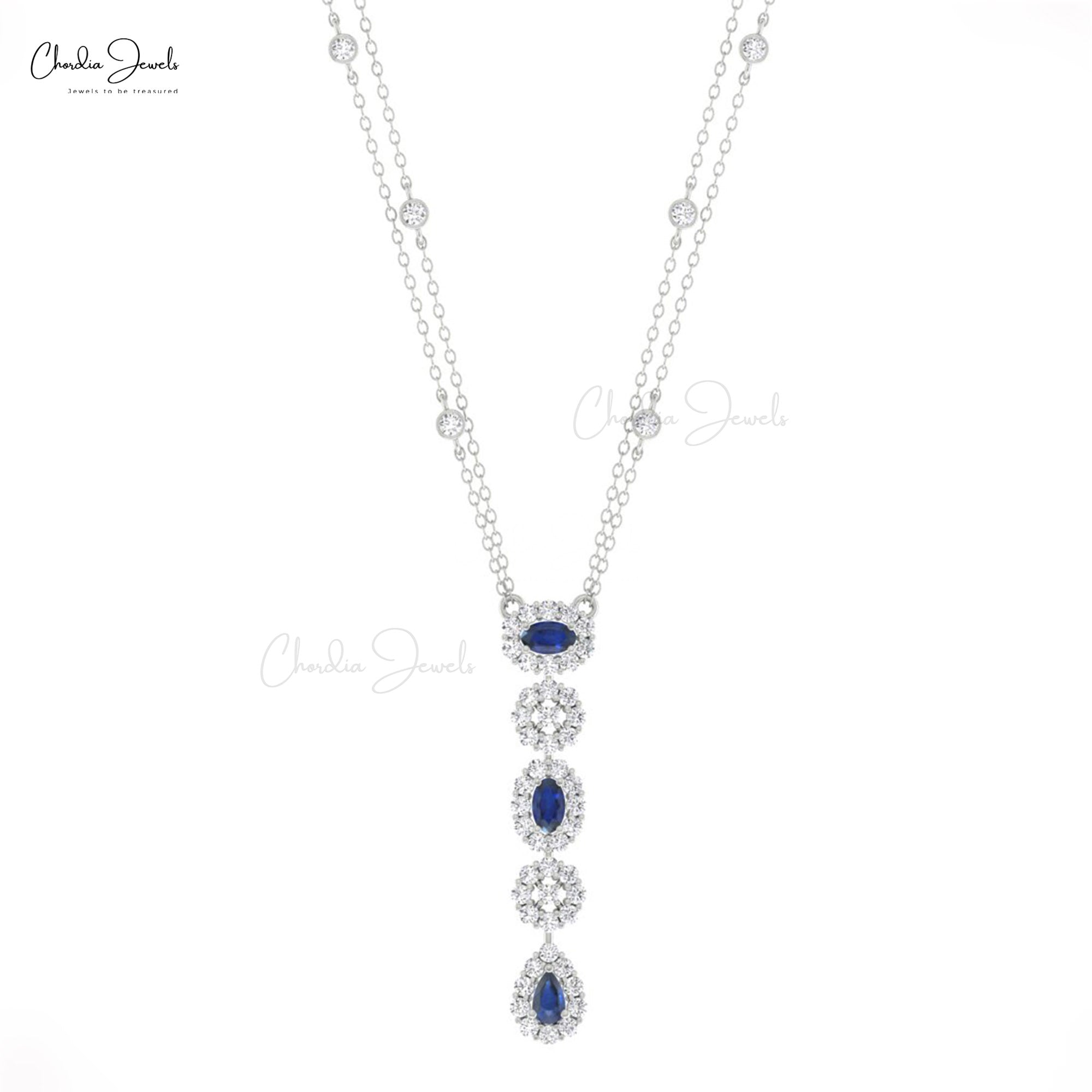 Lariat Dangle Chain Necklace With 0.63 Ct Blue Sapphire Halo Diamond Necklace In 14k Gold