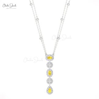 Multi Halo Lariat Chain Necklace In 14k Real Gold Yellow Sapphire Diamond Jewelry For Her