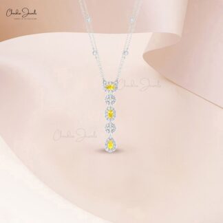 Multi Halo Lariat Chain Necklace In 14k Real Gold Yellow Sapphire Diamond Jewelry For Her