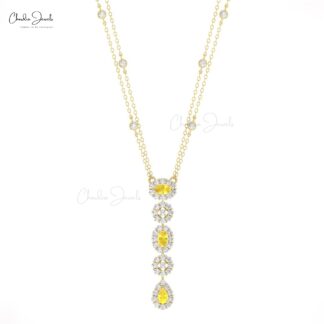 Multi Halo Lariat Chain Necklace In 14k Real Gold Yellow Sapphire Diamond Jewelry For Her
