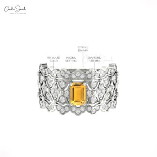 Natural Citrine Statement Ring In Pure 14k Gold G-H Diamond And Gemstone Fine Jewelry