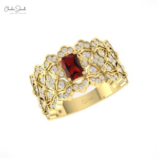 Gemstone Cocktail Ring In Pure 14k Gold Red Garnet And Pave Diamond Statement Rings
